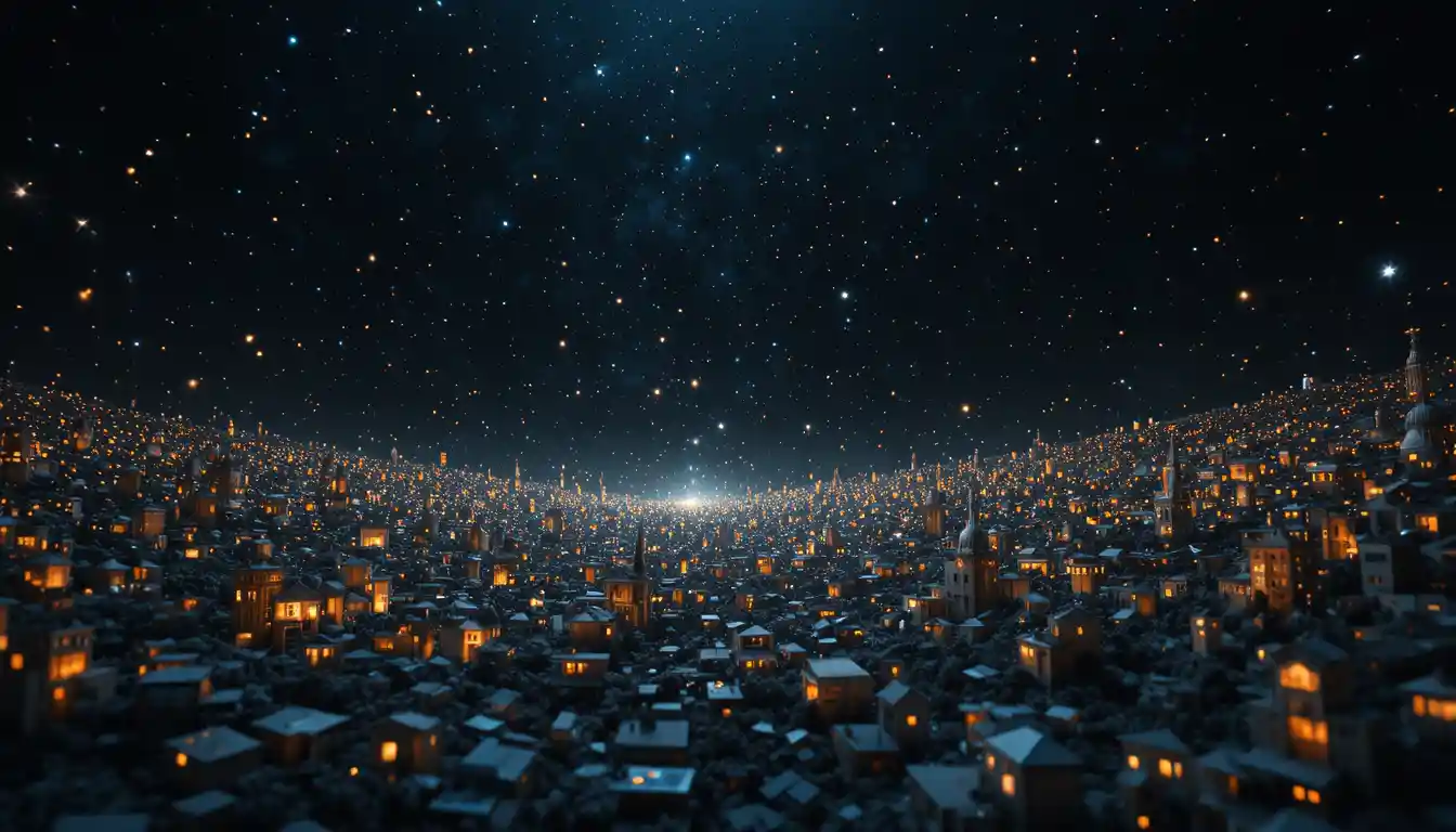 Fragmentos arquitectónicos brillantes flotando en un vacío oscuro infinito