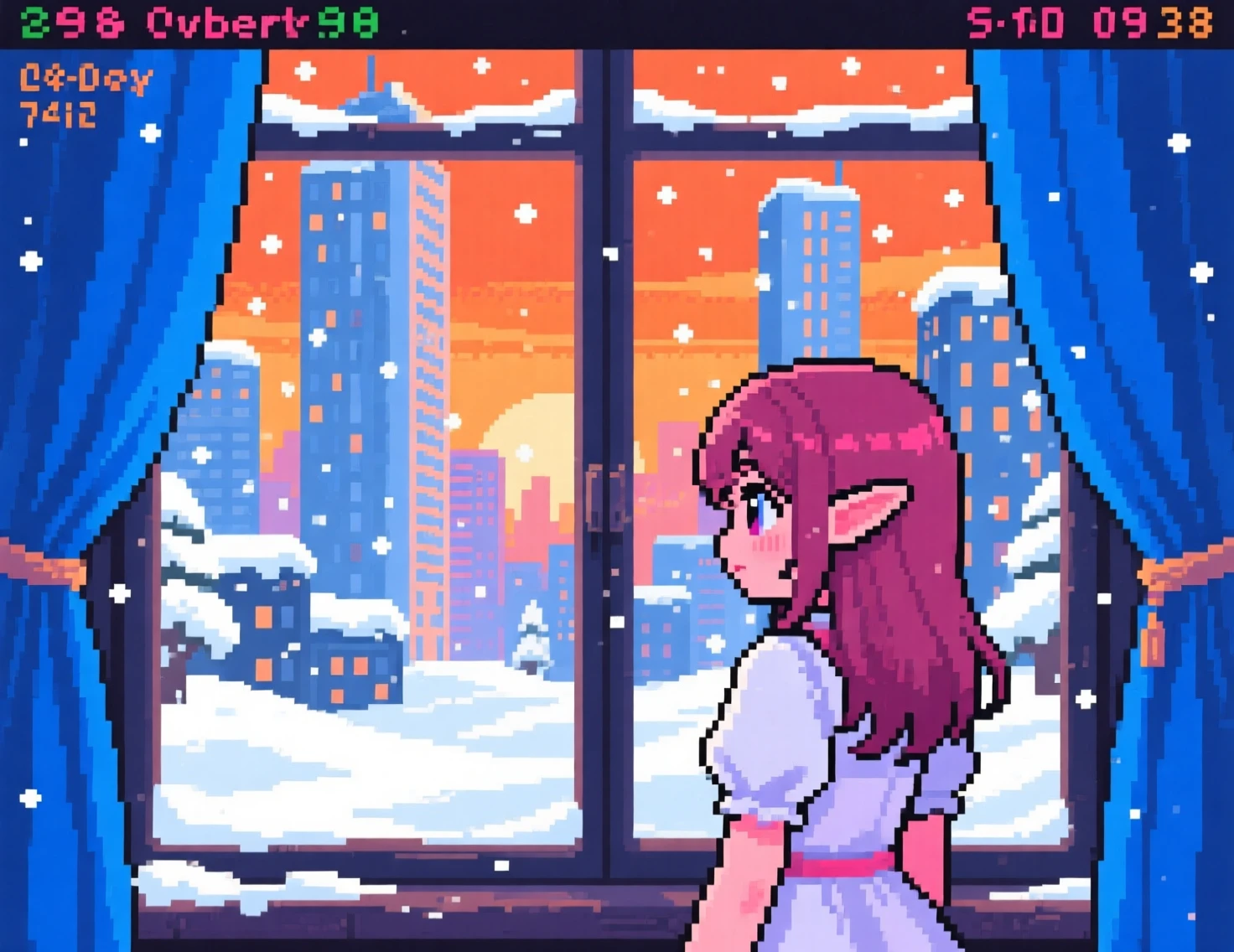 Skyline cittadino innevato in pixel art con riflesso di ragazza elfa