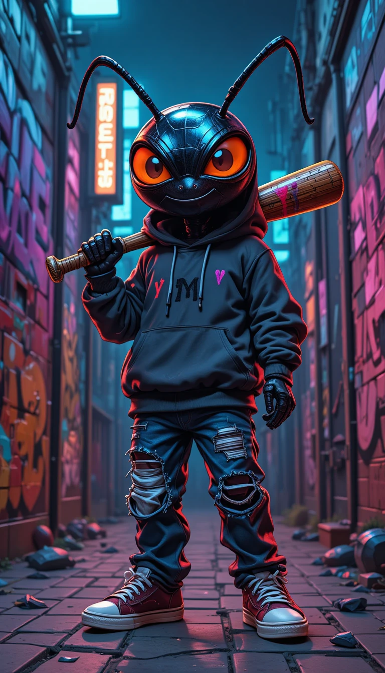 Cartoon ant gangster posing in neon city alley