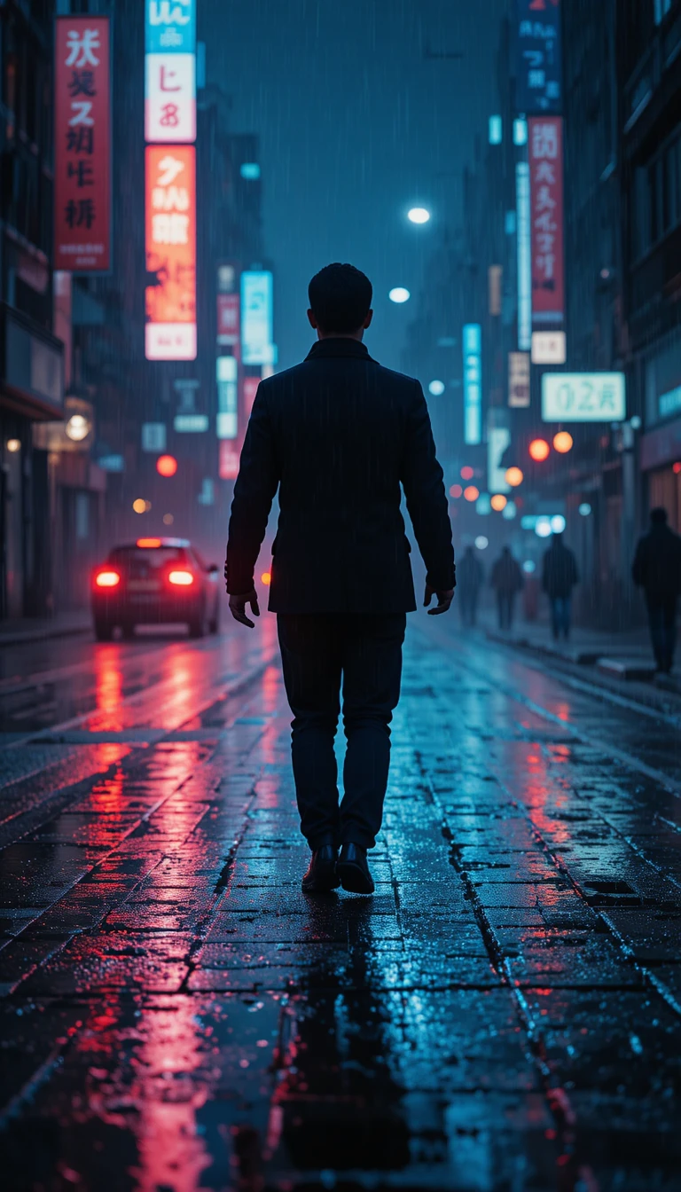 Figura en silueta caminando bajo lluvia intensa entre luces de ciudad