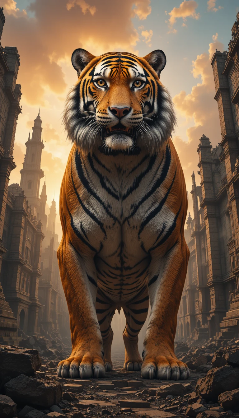 Maestoso tigre che protegge rovine sotto un cielo di tramonto drammatico