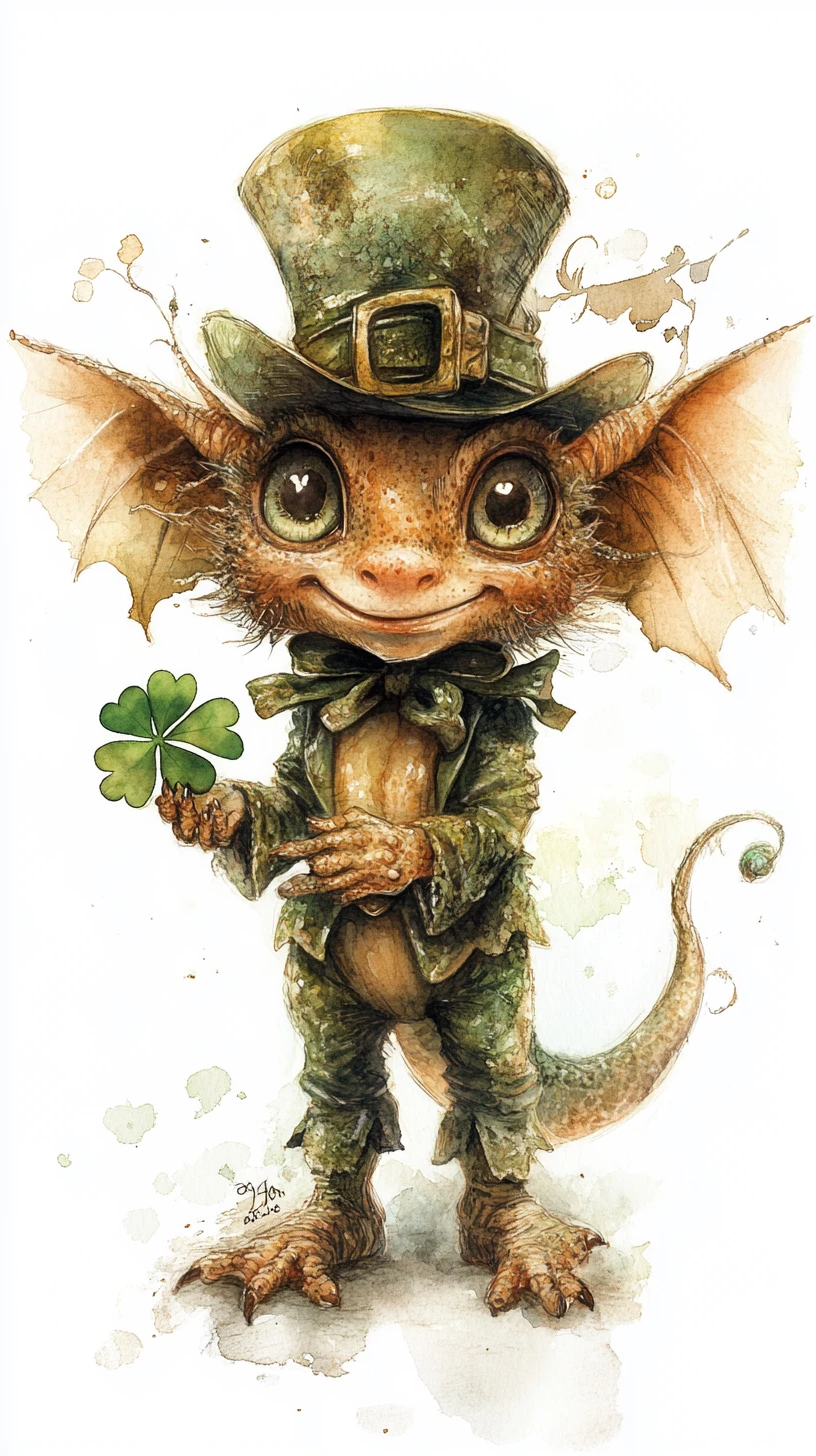 Verspielter Aquarell-Leprechaun mit Kleeblatt auf weißem Hintergrund