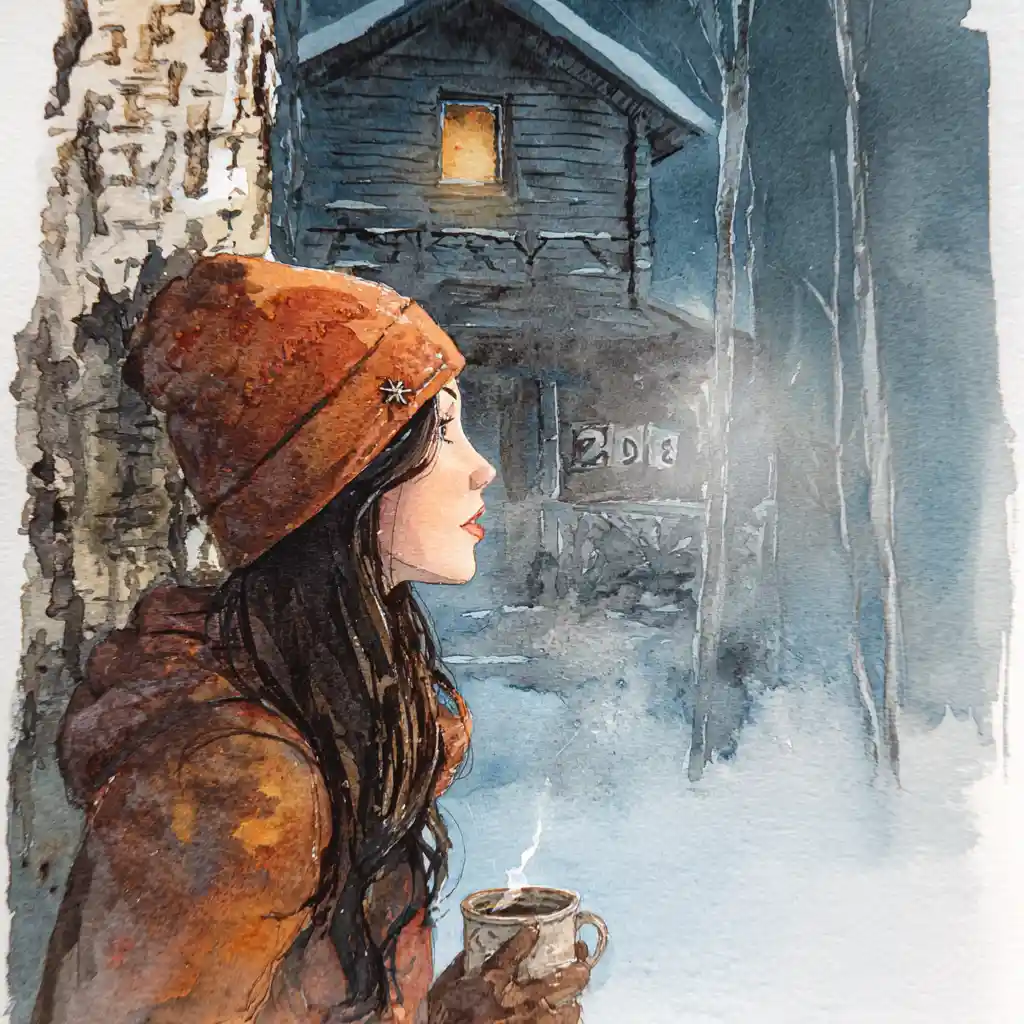 Woman on porch with coffee overlooking snowy fantasy garden