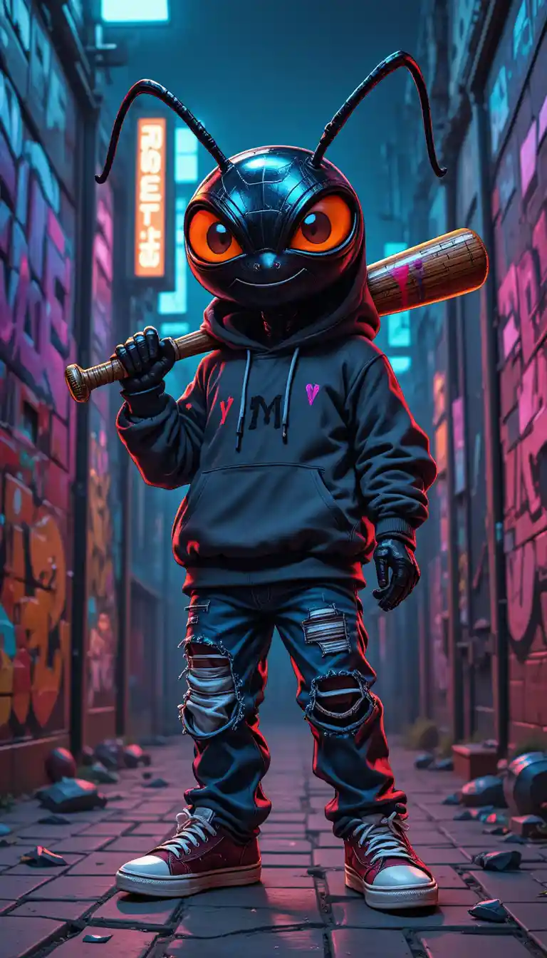 Cartoon ant gangster posing in neon city alley