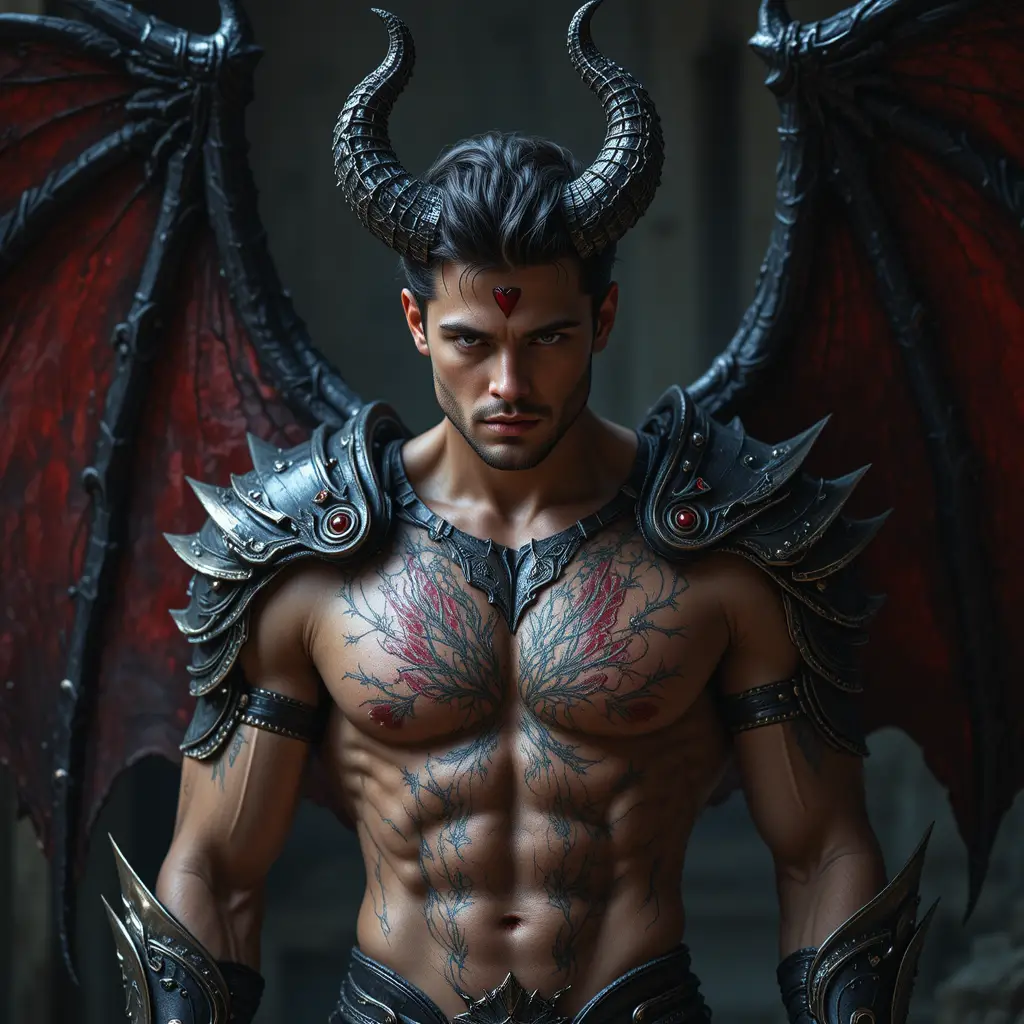Seductive male demon warrior with heart ruby crest