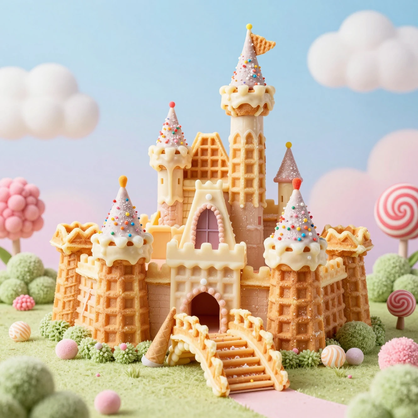 Whimsical Waffle Castle In A Pastel Candy Landscape