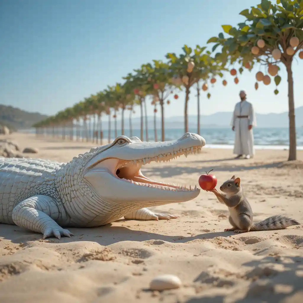 Cocodrilo blanco descansando en una playa de arena con una pequeña ardilla