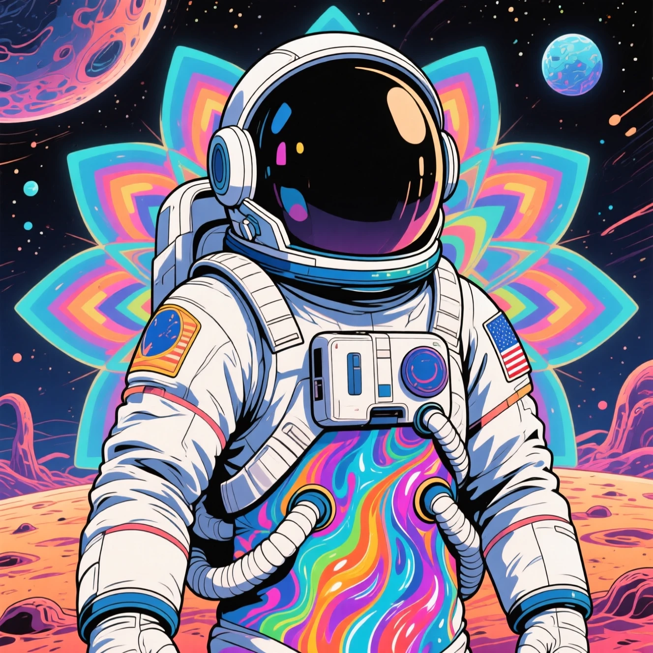Anime-Astronaut auf surreale Alienwelt – Oberkörperansicht