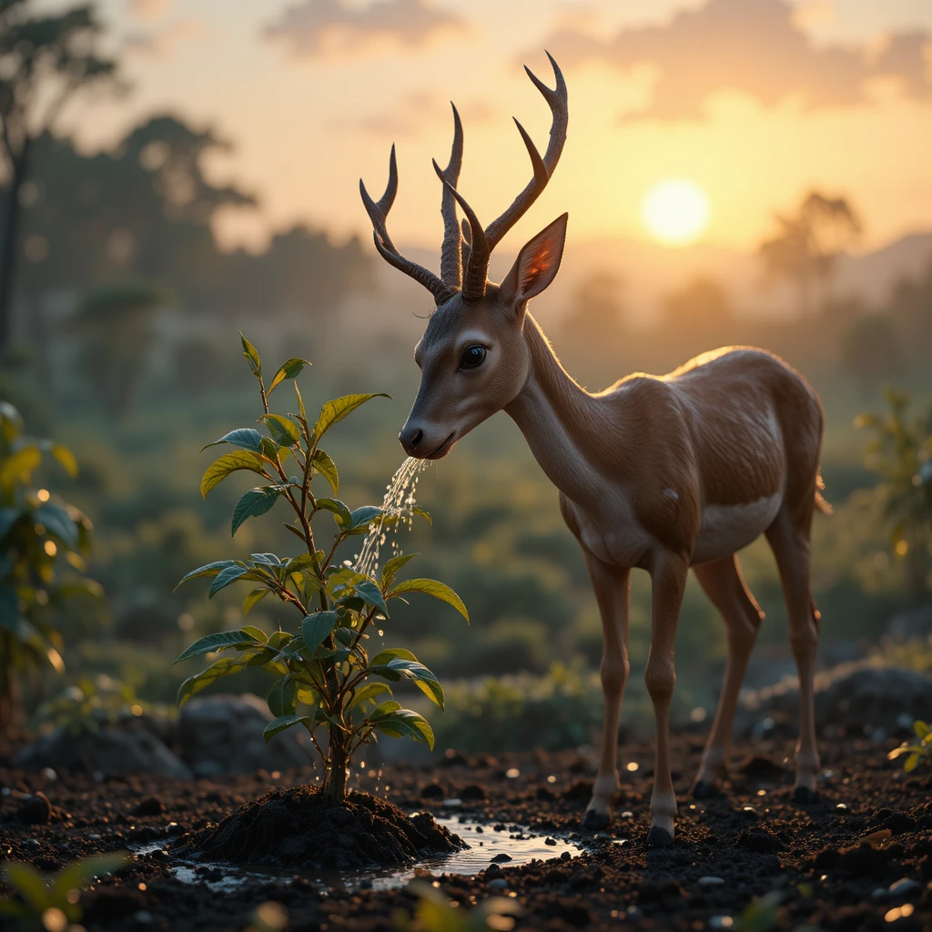 Deer Pouring Water On Young Mango Plant At Sunrise