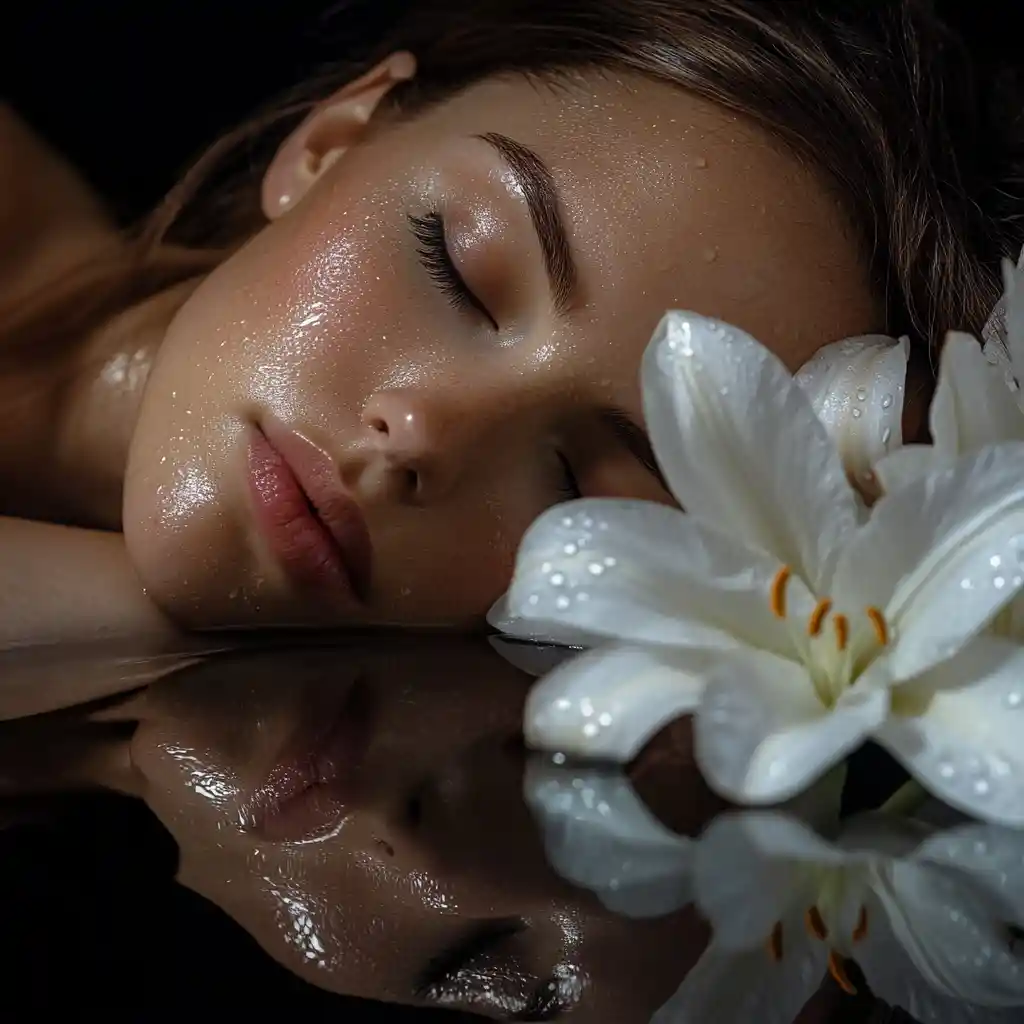 Romantic close up portrait of woman with white lilies