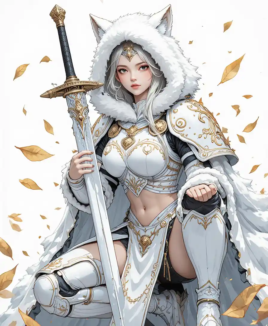 Ragazza valchiria della neve in stile anime con spada gigante e armatura invernale