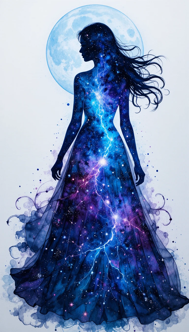 Silhouette woman filled with cosmic nebula watercolor