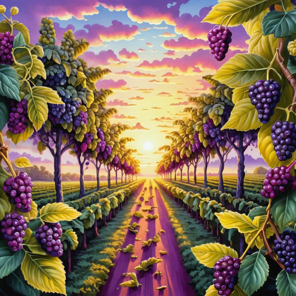 Piantagione di gelsi all’alba surreale in tonalità viola e gialle