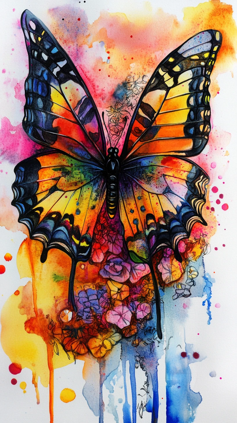 Colorful abstract butterfly in melting watercolor forms