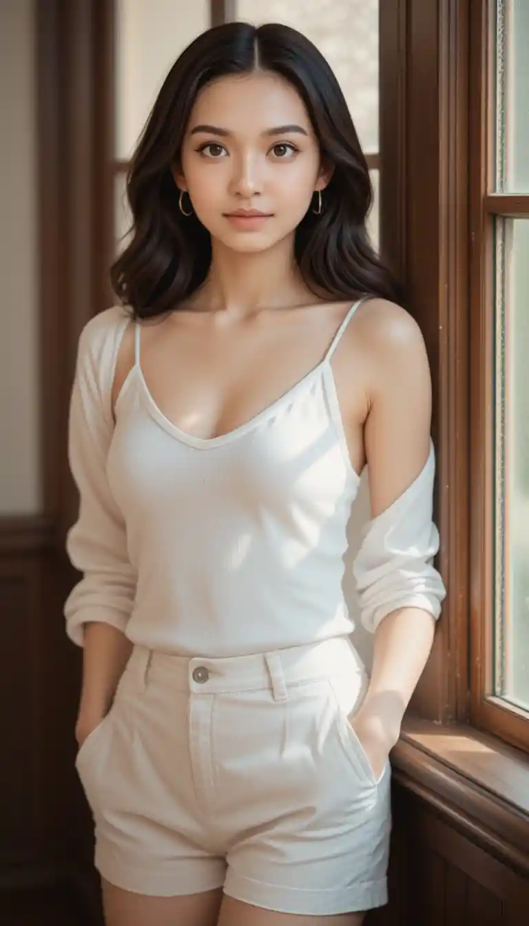 Woman in white tank top standing by bright window