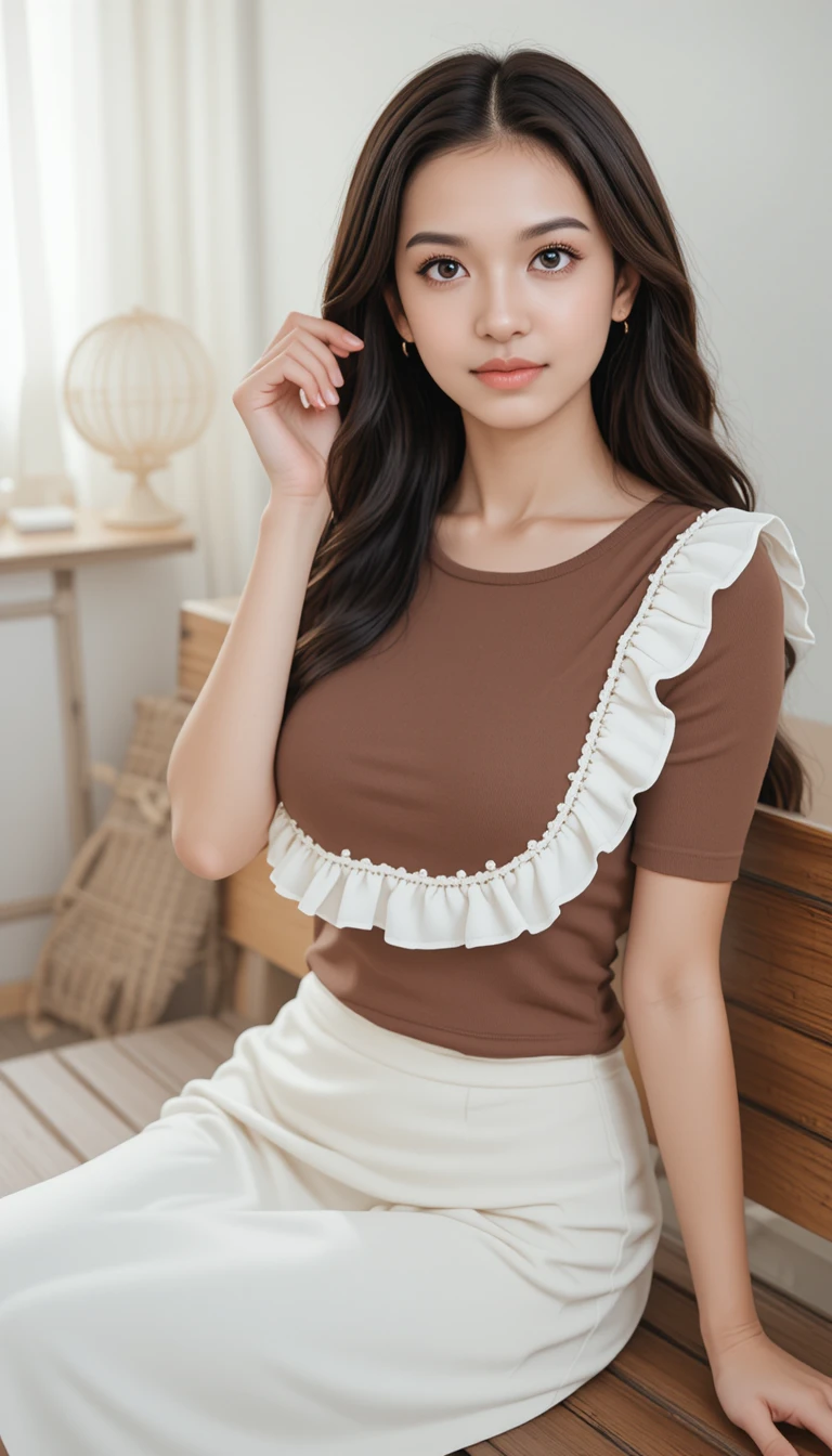 Young woman in brown top on wooden bench indoors