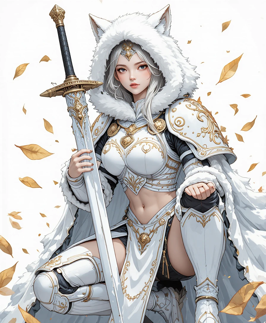 Ragazza valchiria della neve in stile anime con spada gigante e armatura invernale