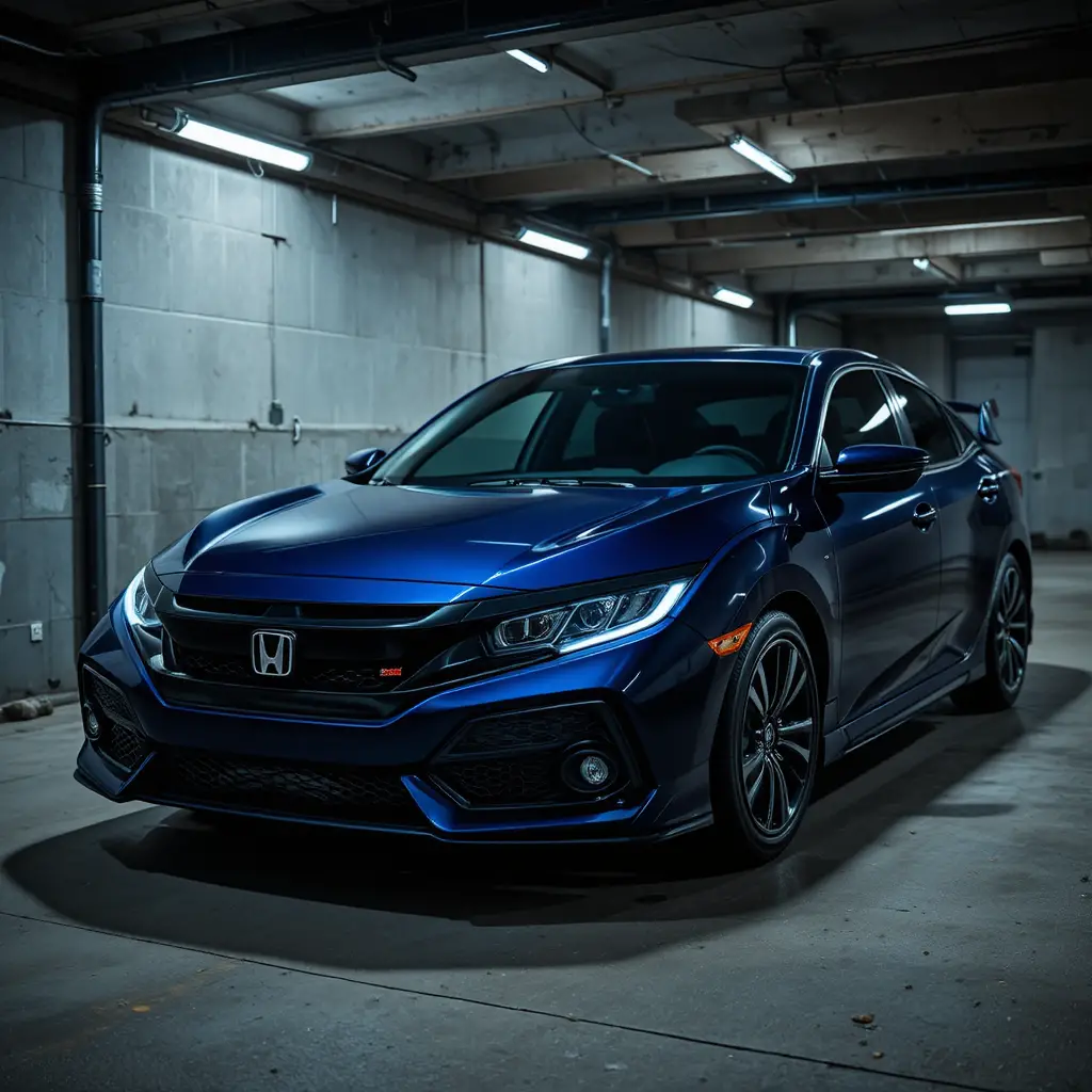Dark blue car parked in a basement garage at night