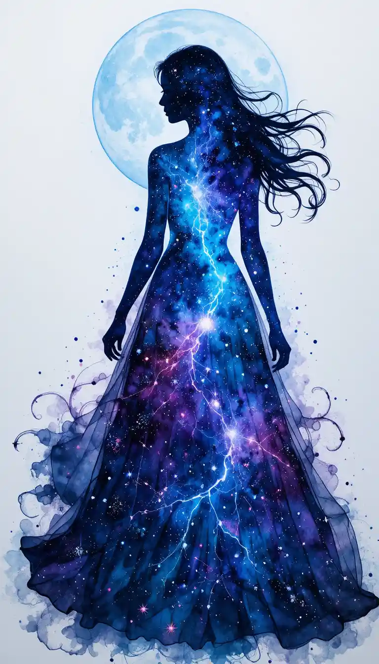 Silhouette woman filled with cosmic nebula watercolor