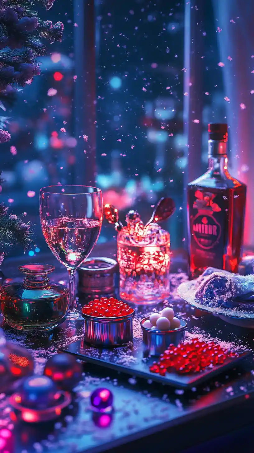 Mesa de Año Nuevo en la azotea con caviar y bebidas festivas