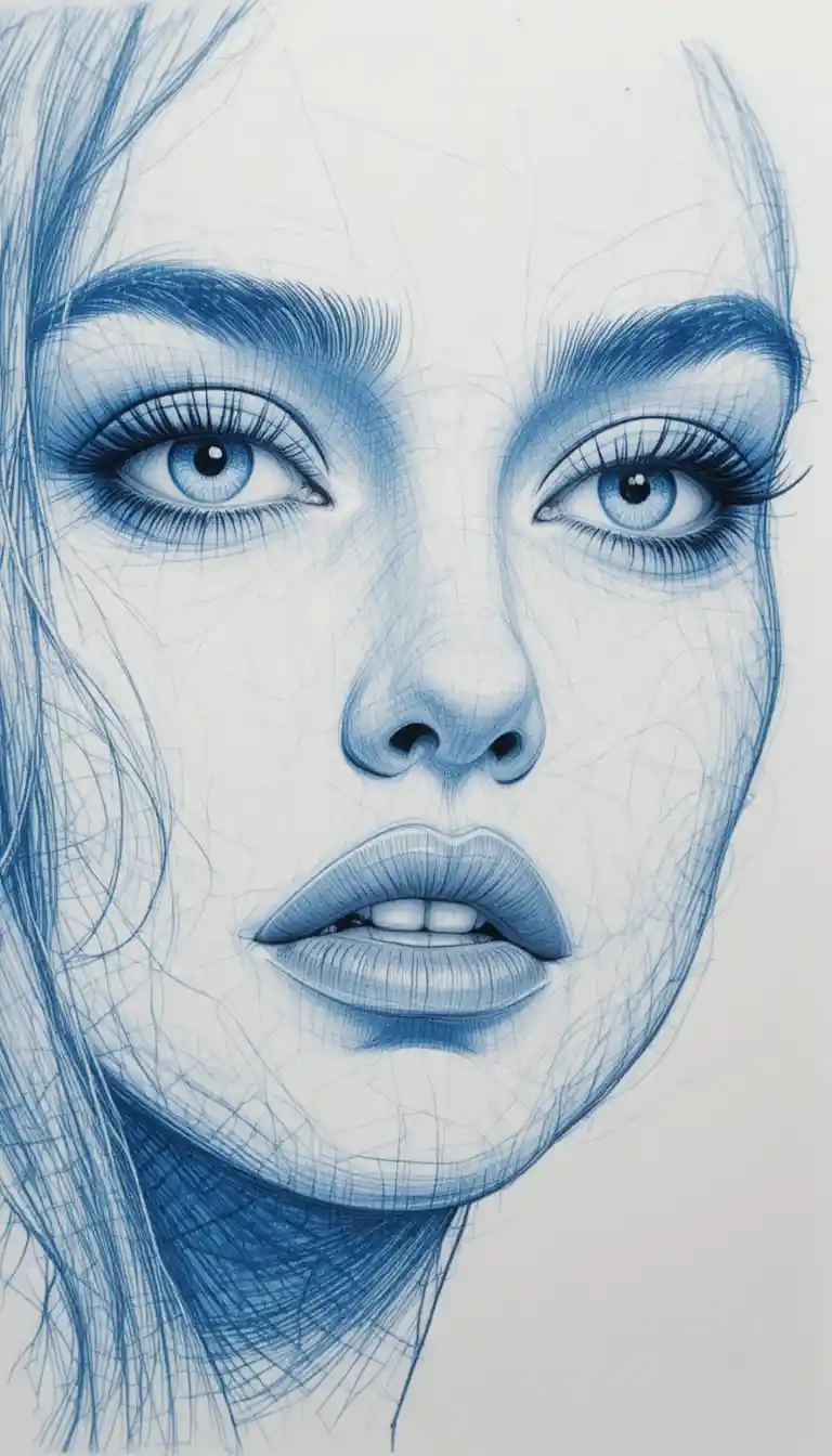 Blue and white pencil portrait close up of a woman