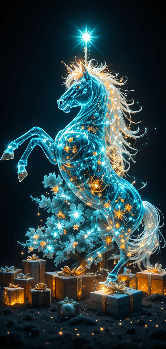 Cavallo di fuoco accanto a un albero di Natale di cristallo su sfondo nero