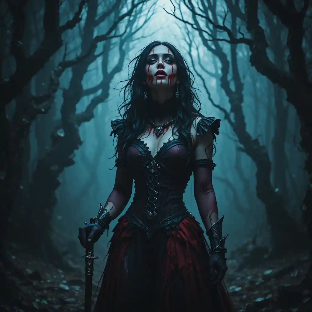 Gothic woman with lies painted face in dark forest