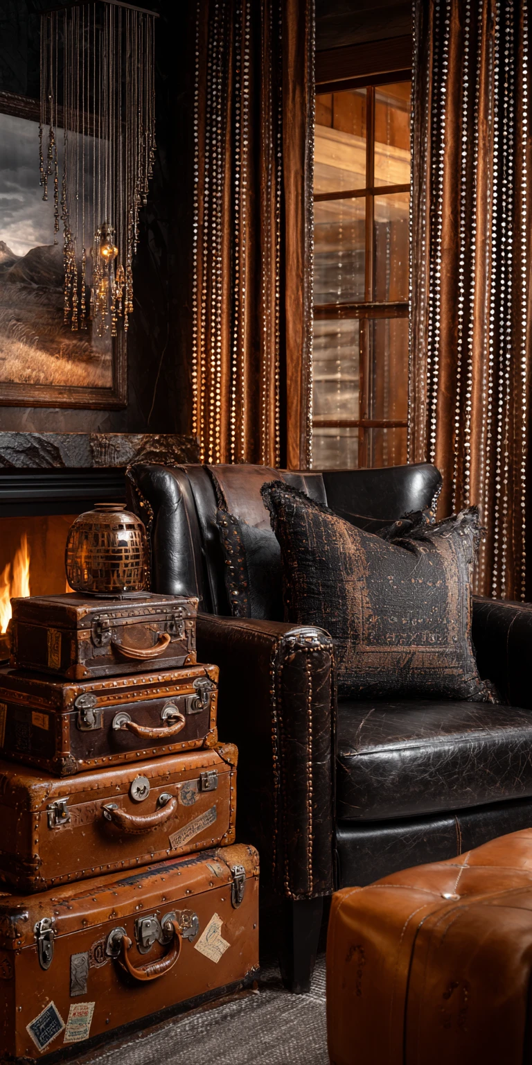 Cozy cigar room with leather armchair and stacked suitcases