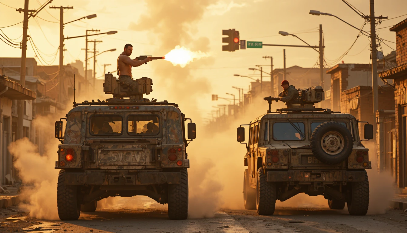 Armed convoy halted at sunset on crumbling city street