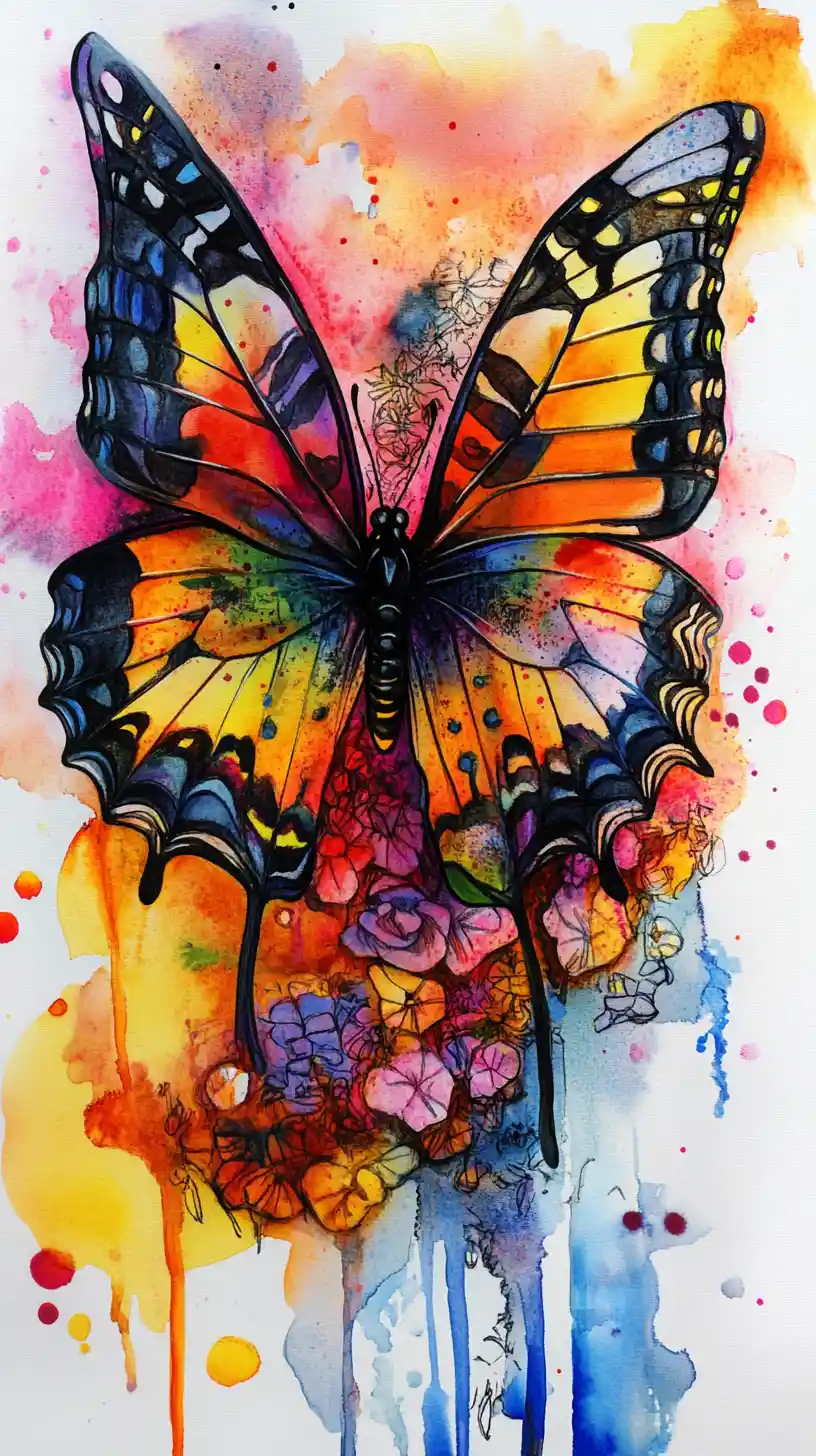 Colorful abstract butterfly in melting watercolor forms