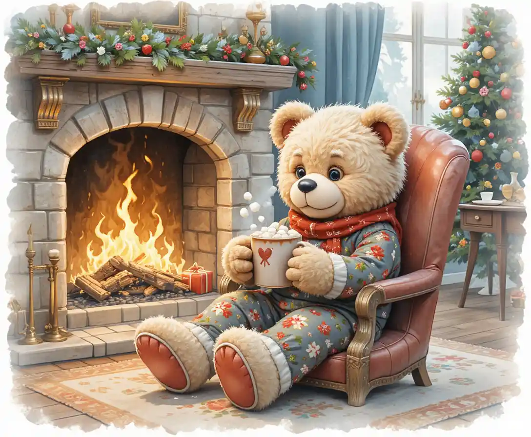 クリスマスパジャマで暖炉のそばでココアを飲むテディベア