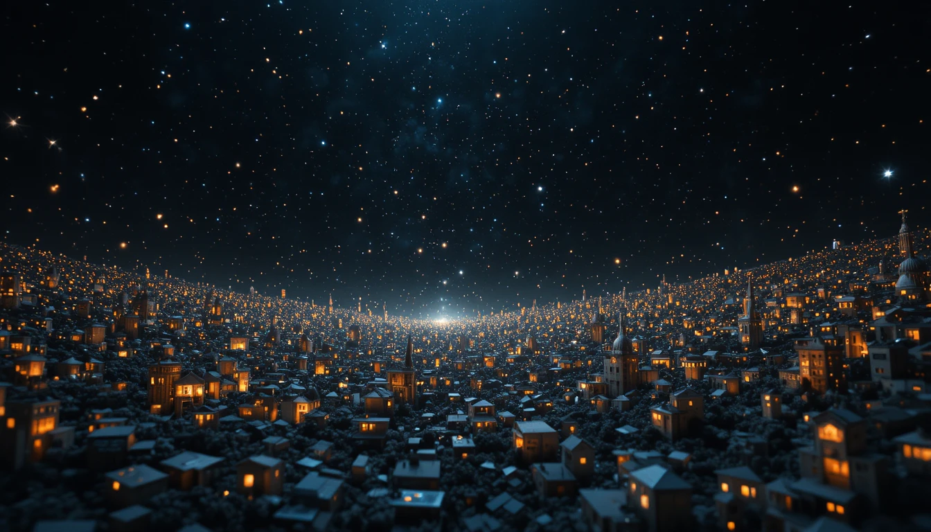 Fragmentos arquitectónicos brillantes flotando en un vacío oscuro infinito