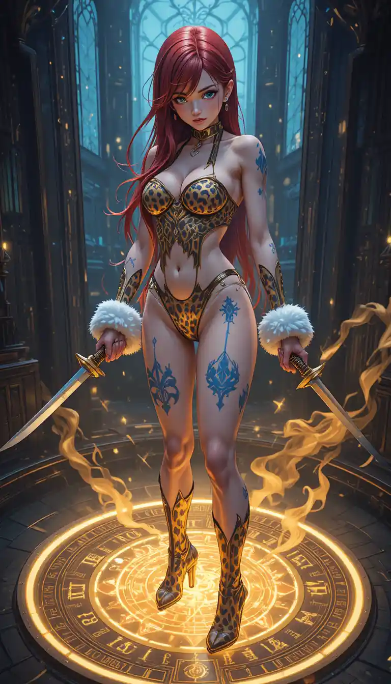 Anime warrior woman on glowing magic circle with twin katanas
