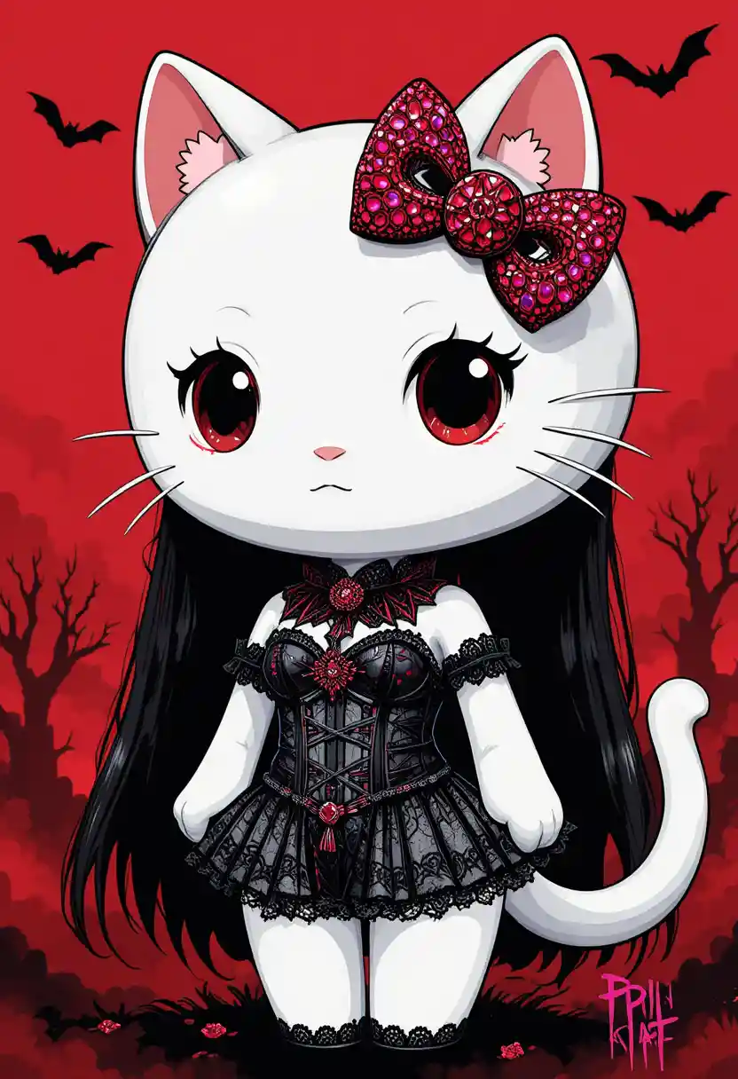 Chibi gothic cat mascot with glowing crimson button eyes