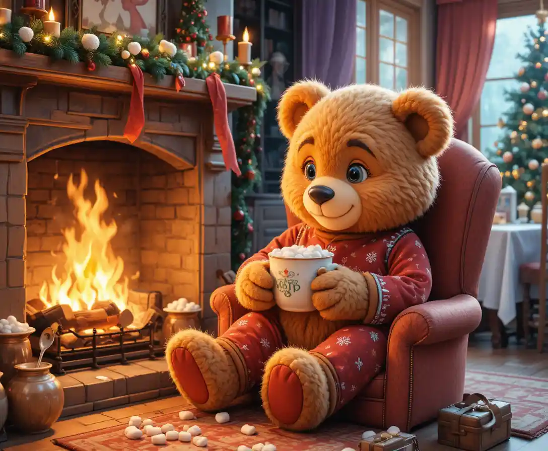 Gemütlicher Teddybär am Kamin mit Weihnachtskakao
