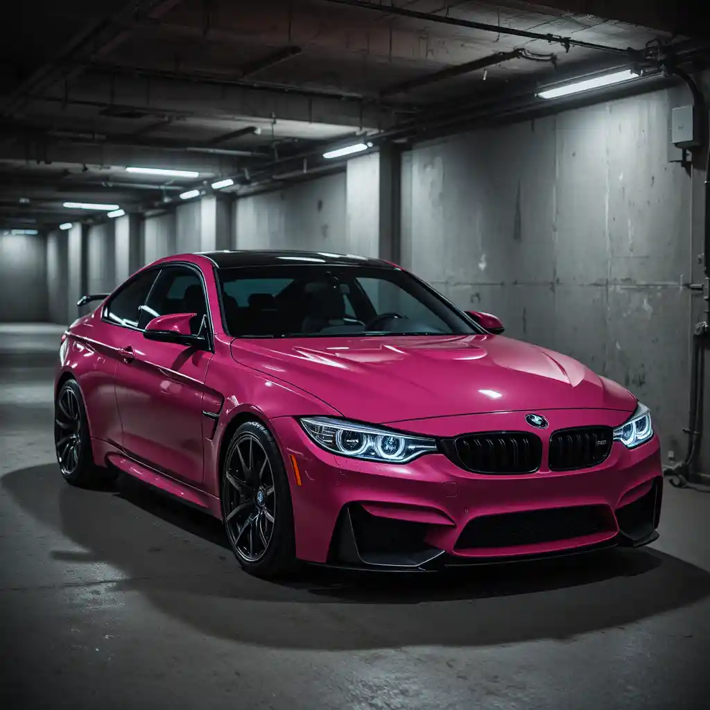 Auto BMW rosa scuro parcheggiata in un garage sotterraneo di notte