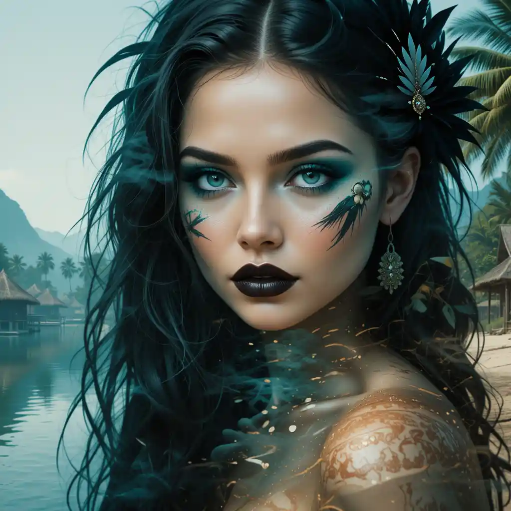 Ritratto in doppia esposizione di donna con paesaggio di fiume tropicale