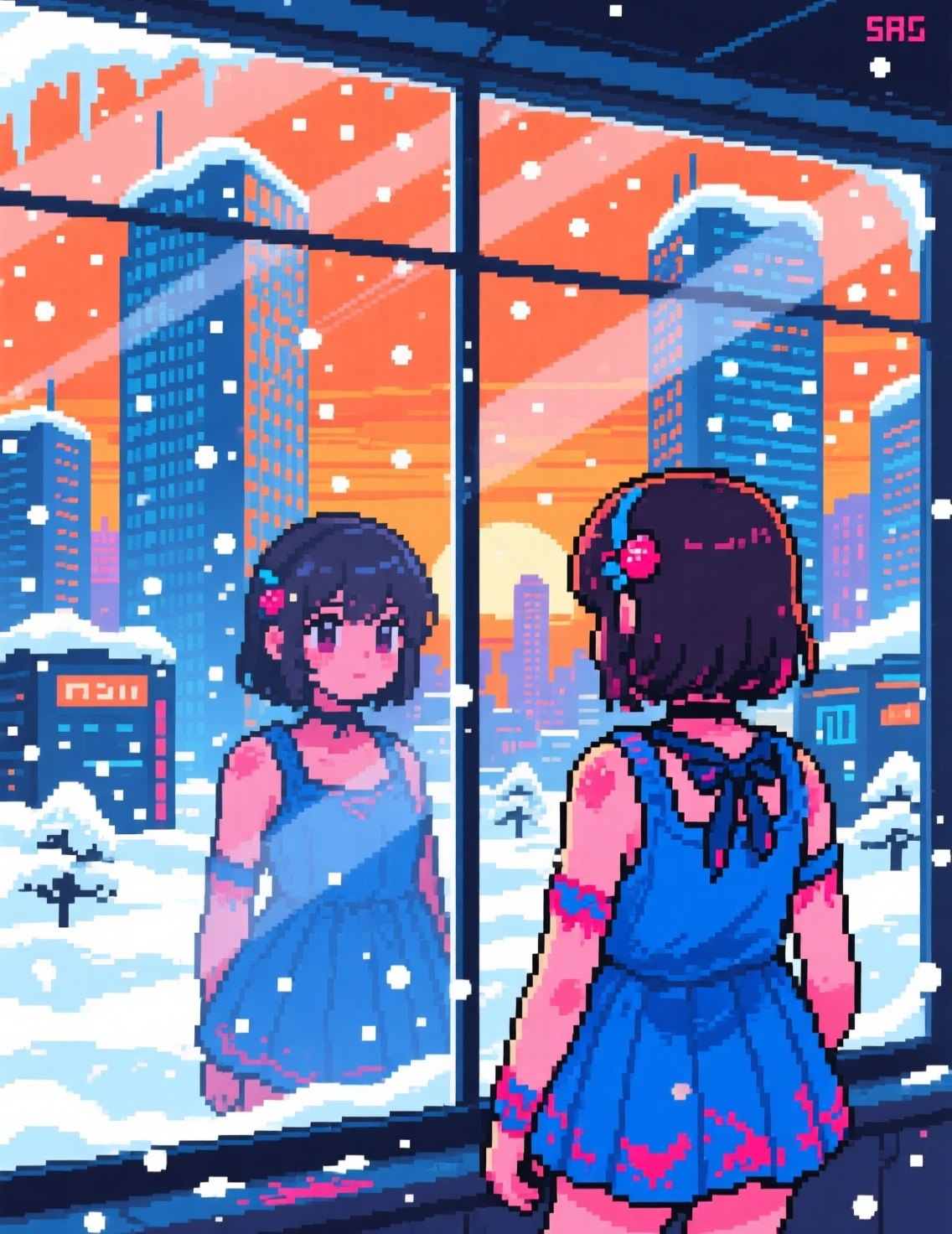 Pixel art cityscape with anime girl in snowy sunset