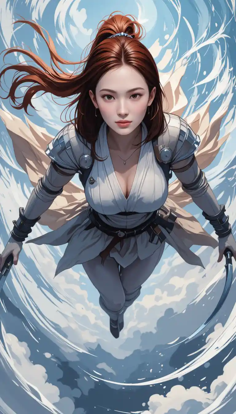 Ragazza fantasy dai capelli rossi che vola con due lame ricurve