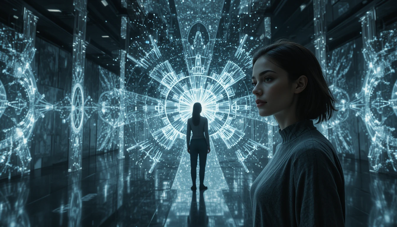 Young woman watching glitching hologram in vast futuristic hall