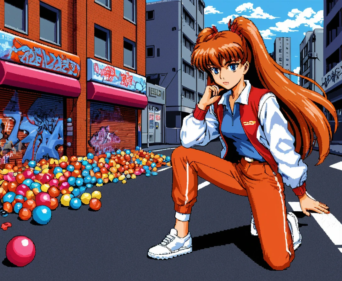Retro pixel art anime girl tagging graffiti on city street