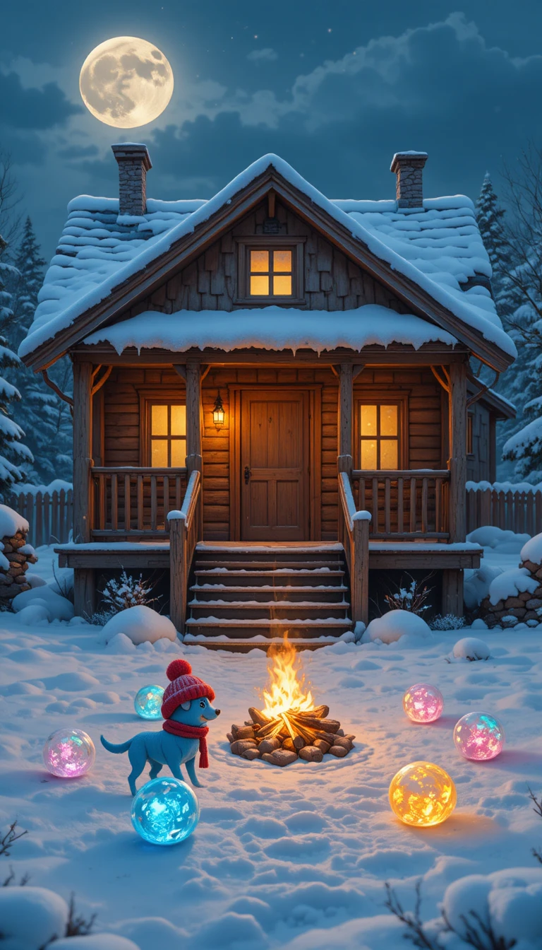 Cozy wooden house and campfire in snowy winter night