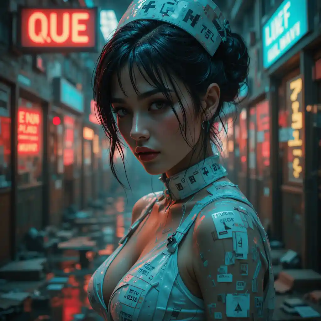 Dystopian nurse portrait in neon lit ruined hospital