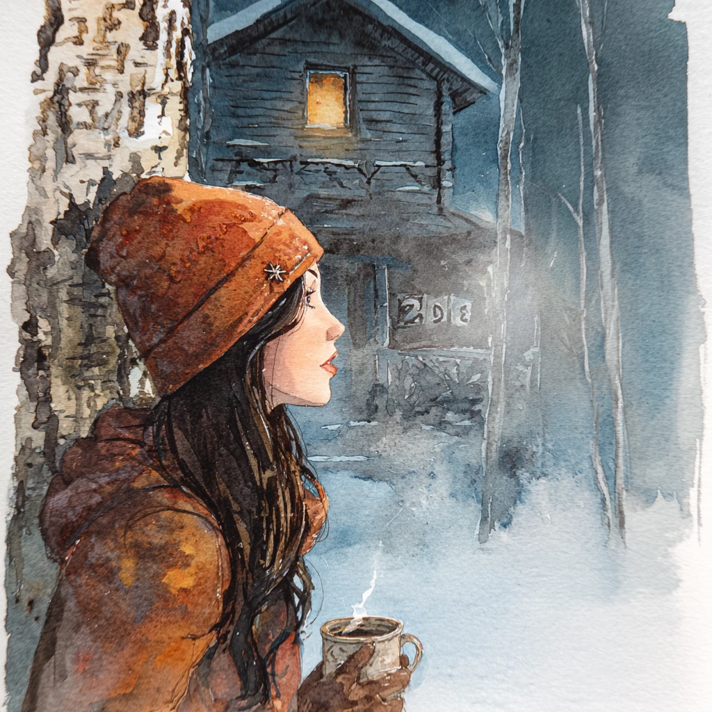 Woman on porch with coffee overlooking snowy fantasy garden