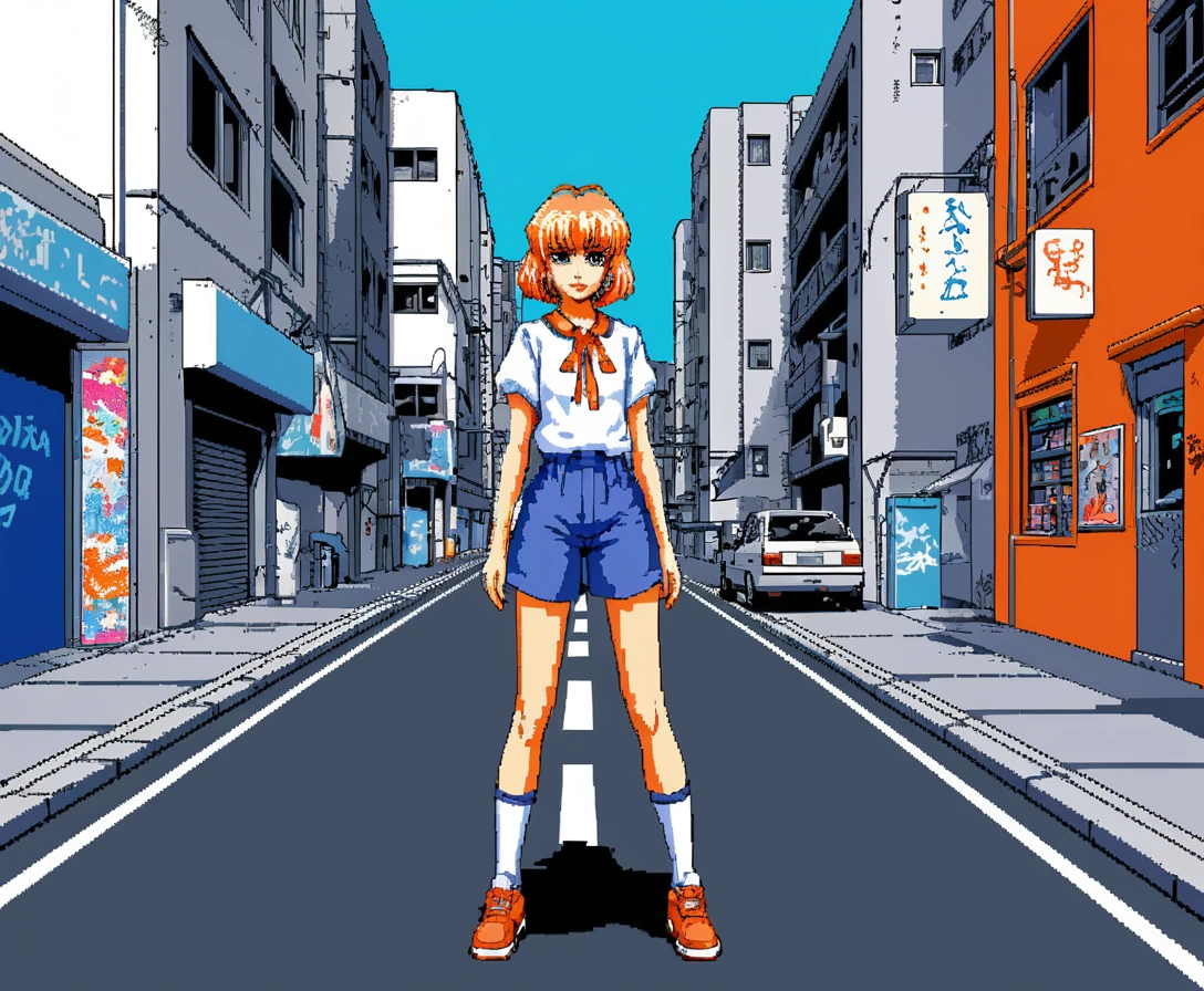 Pixel art game screen of an anime girl tagging a city wall
