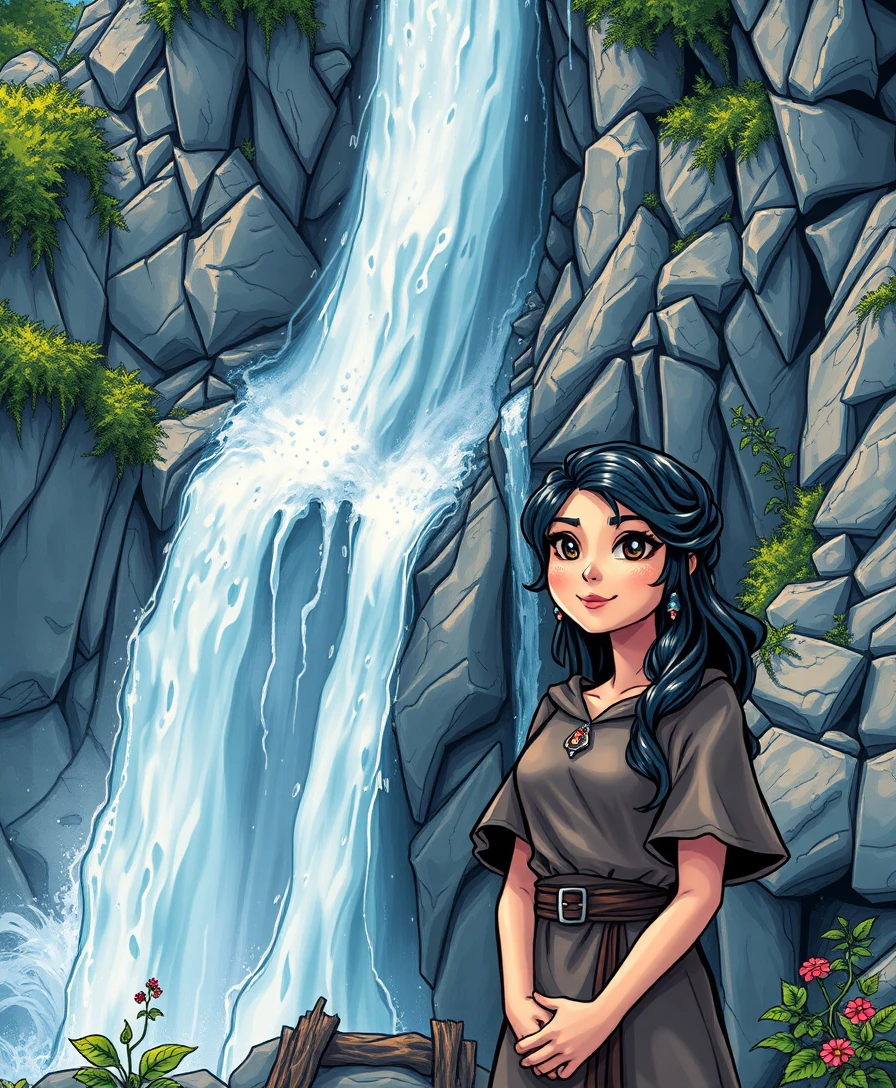 Whimsical Fantasy Waterfall And Mysterious Smiling Character