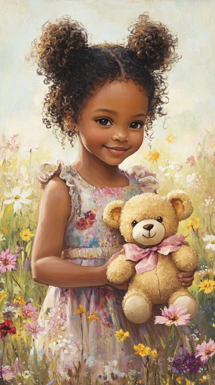 Adorable fillette avec un ours en peluche dans un pré fleuri – peinture