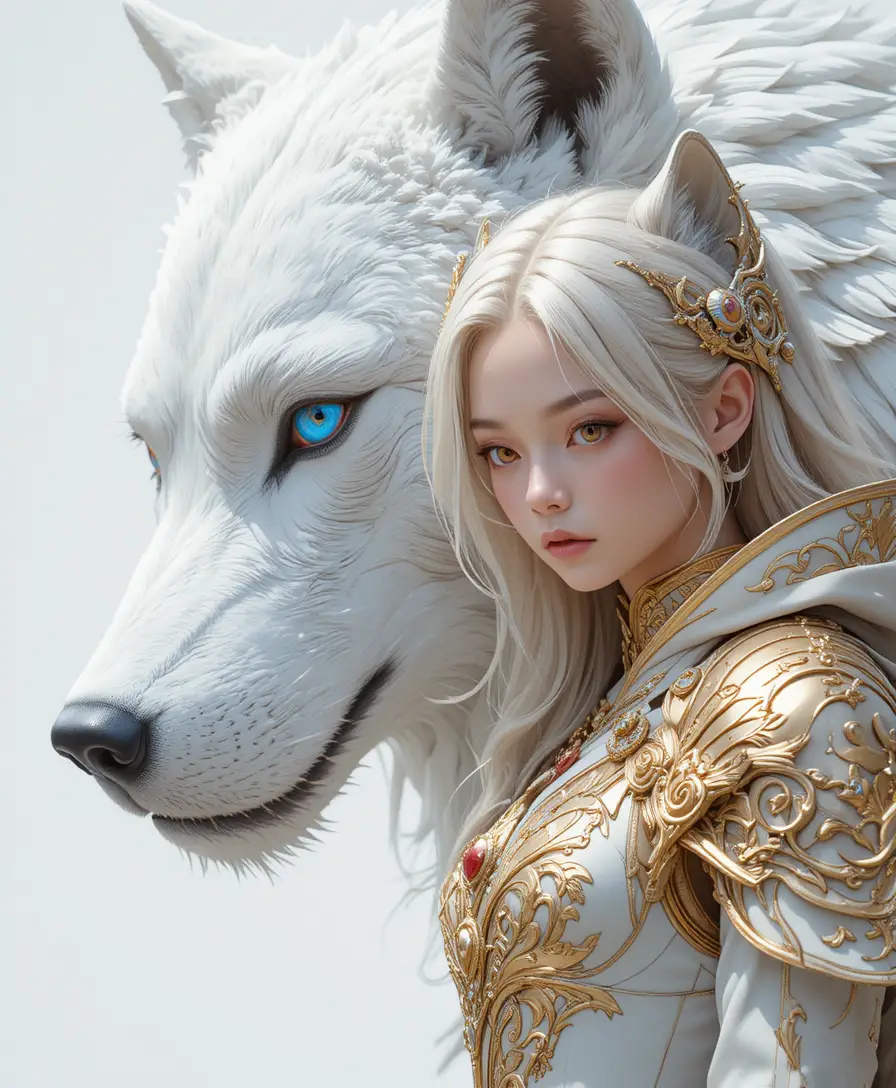 Blonde armored girl leaning against a colossal white wolf