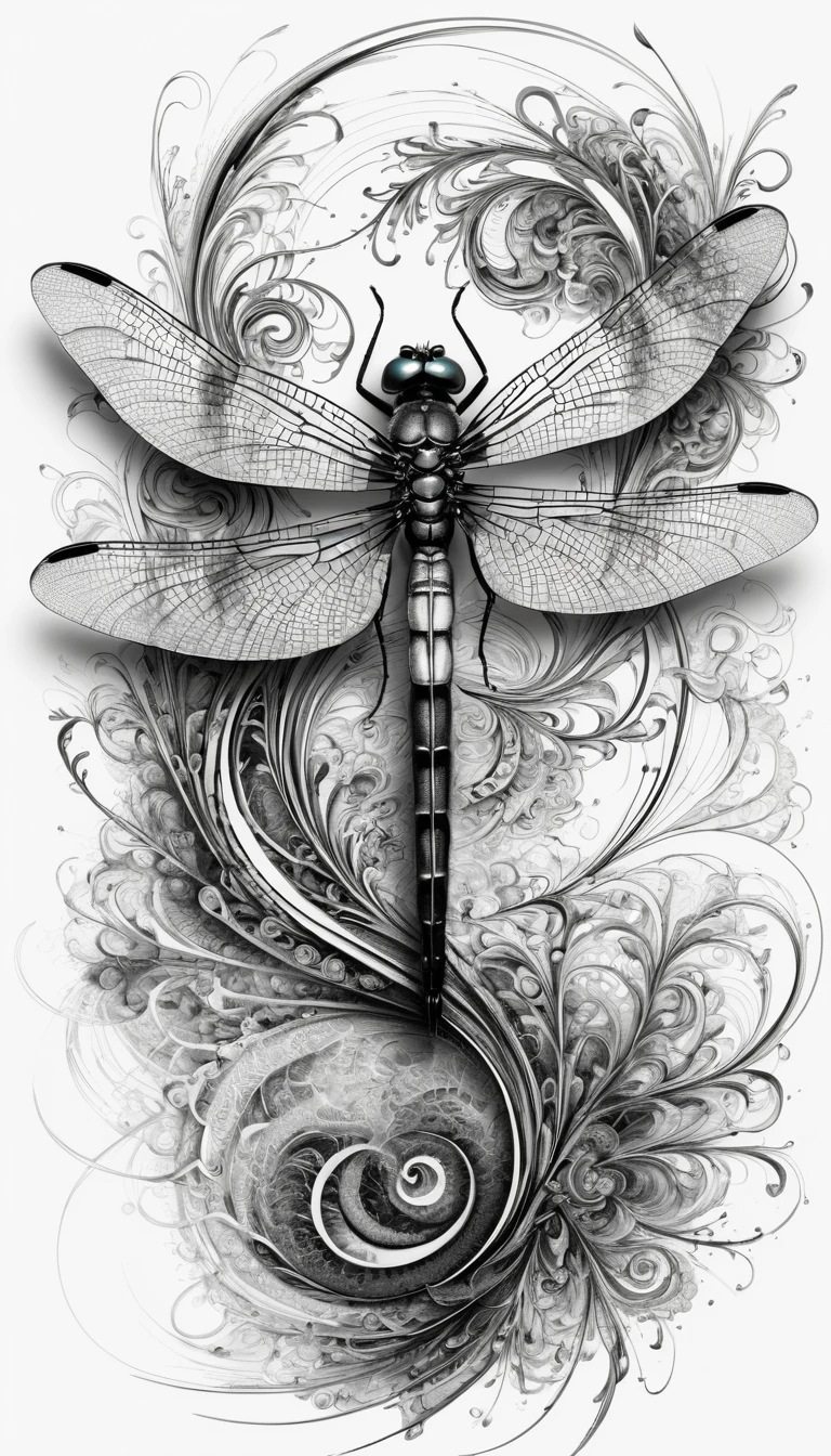 Intricate ink dragonfly emerging from swirling abstract lines