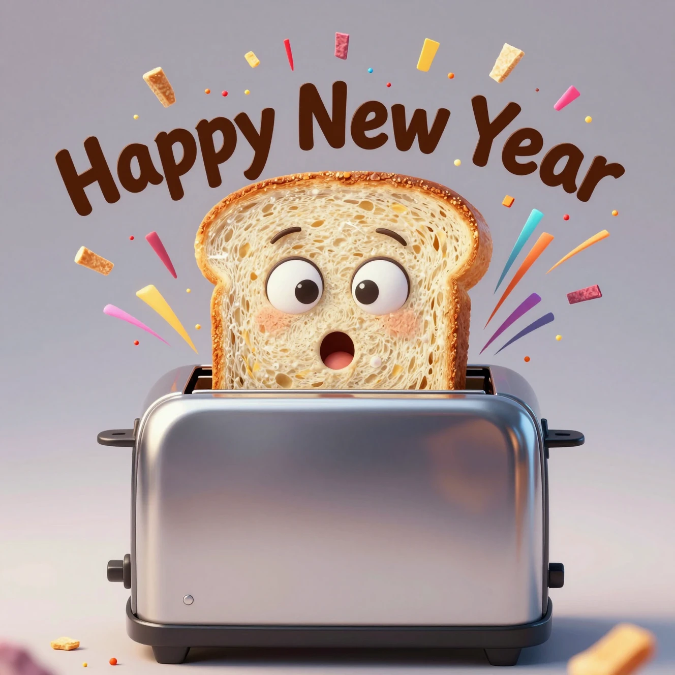 Fetta di toast cartone che salta fuori dal tostapane con fuochi d’artificio di briciole colorate
